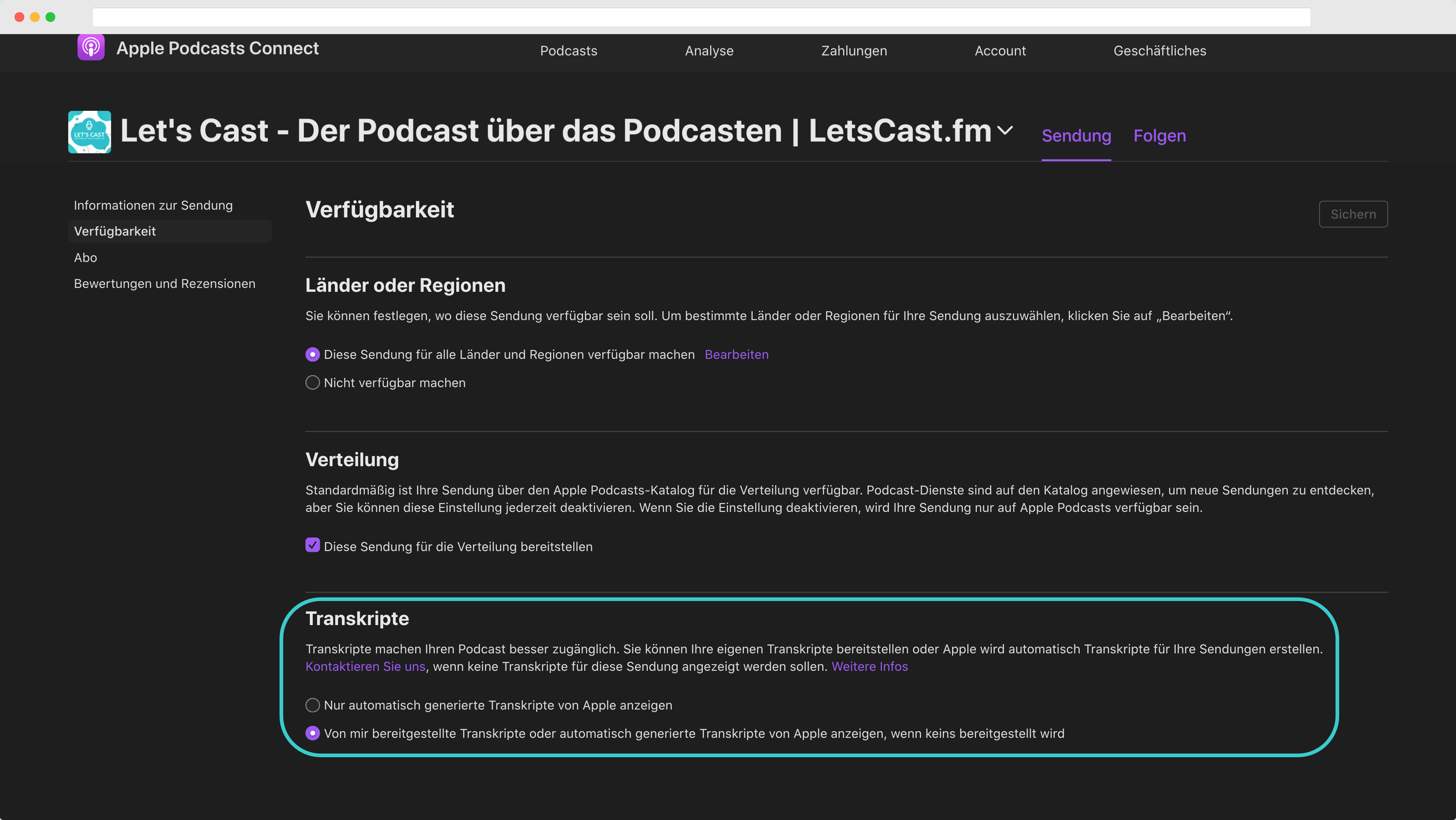 Transkripte von LetsCast.fm bei Apple Podcasts aktivieren